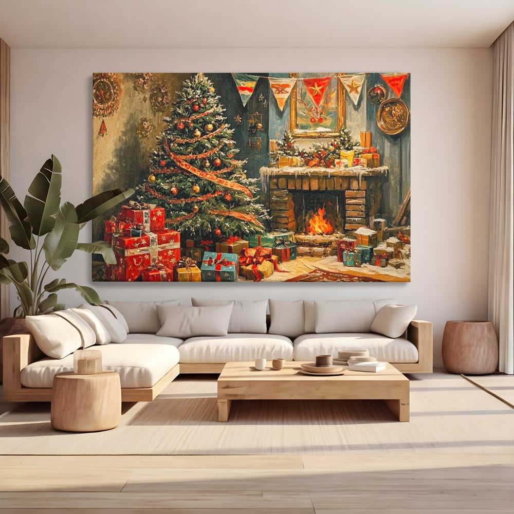 Tablou canvas cu pictura cu brad de craciun si semineu, fara rama, pe sasiu de lemn, pe perete intr-un living